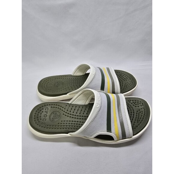 Mens Crocs Slip On Sandals Sobek 9 White/Green Stripes Canvas Slide Sandals - Picture 3 of 13